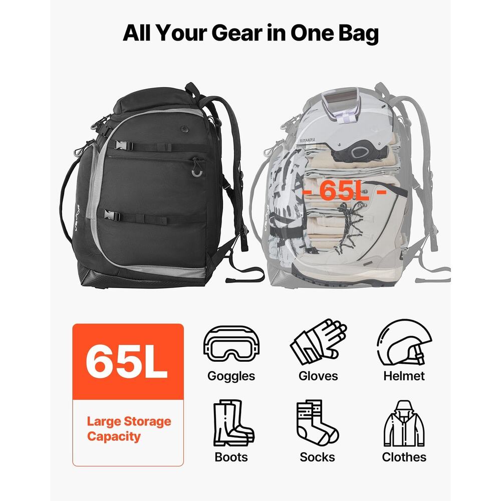 Ski Boot Bag, 65L, Snowboard Boots Travel Backpack for Men Women, with Waterpro
